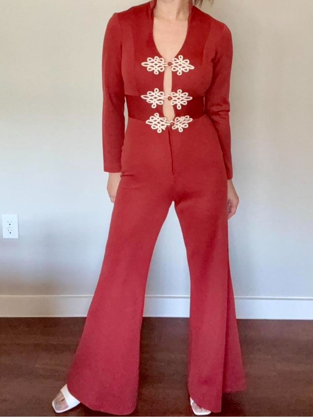 Vintage Red/Rust Brown Long-Sleeve Jumpsuit with Decorative Closures
